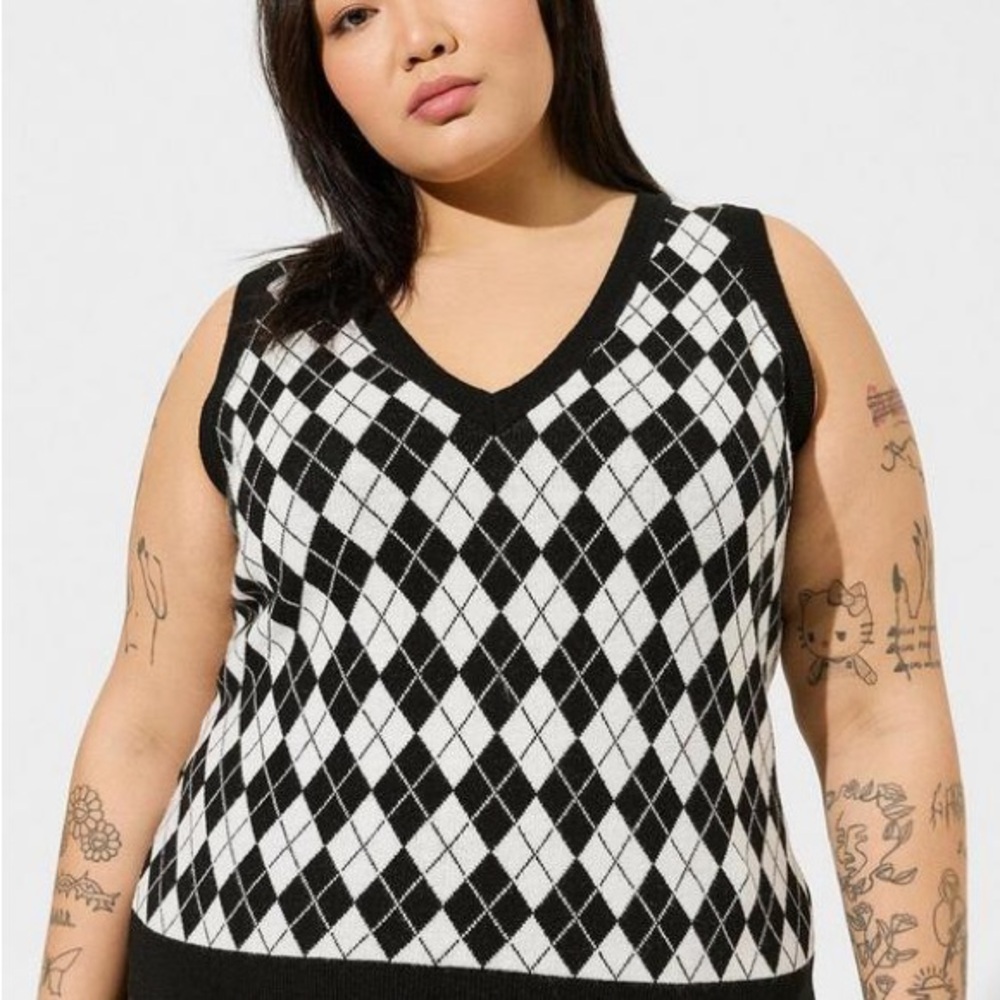 Torrid Black and White Argyle V-Neck Sweater Vest